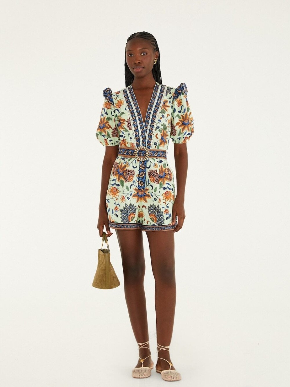 light green floral delhi tapestry belted romper